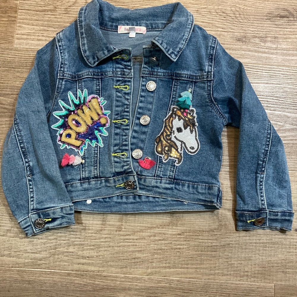 Little Girls Denim Jacket with Unicorn and POW Patches